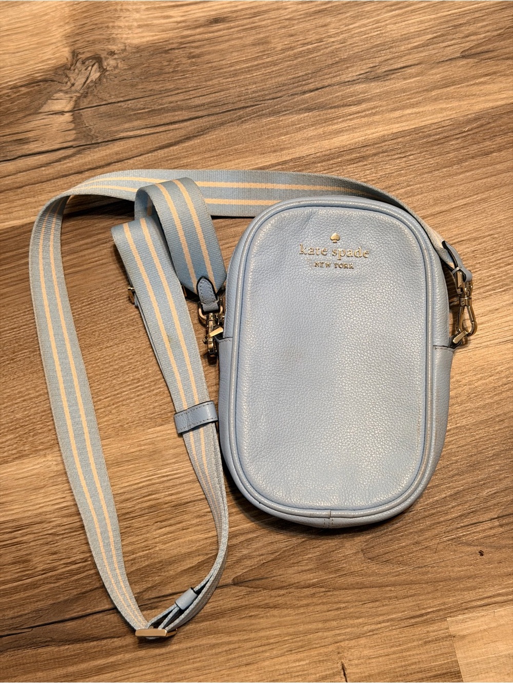 kate spade pale blue pebble leather crossbody with striped strap